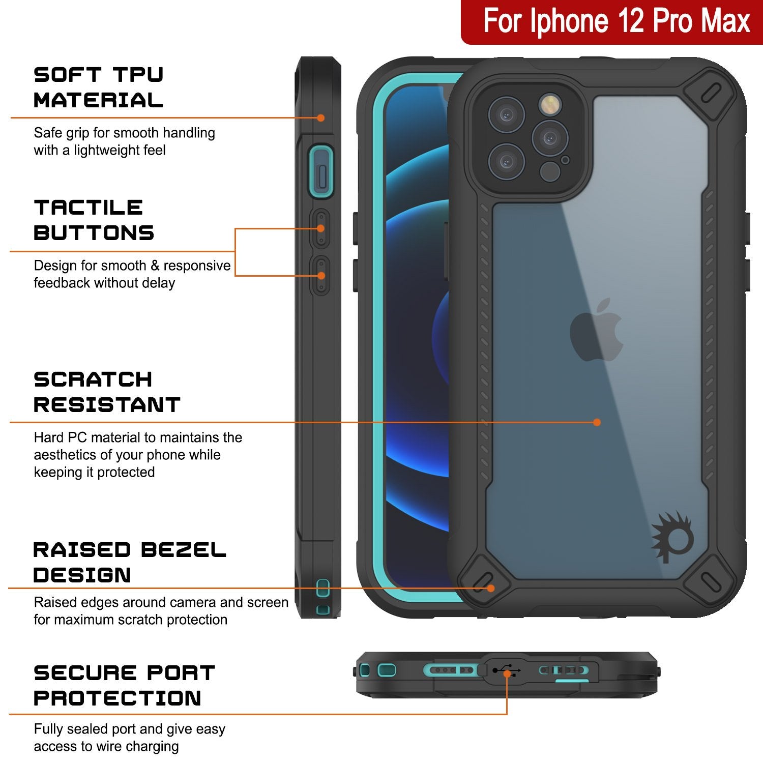 iPhone 12 Pro Max Waterproof IP68 Case, Punkcase [teal]  [Maximus Series] [Slim Fit] [IP68 Certified] [Shockresistant] Clear Armor Cover with Screen Protector | Ultimate Protection