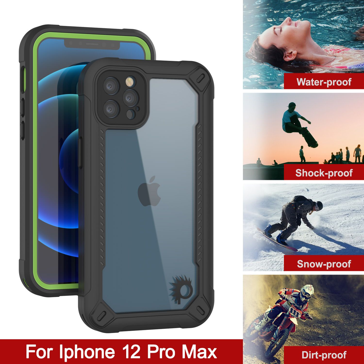 iPhone 12 Pro Max Waterproof IP68 Case, Punkcase [Green]  [Maximus Series] [Slim Fit] [IP68 Certified] [Shockresistant] Clear Armor Cover with Screen Protector | Ultimate Protection