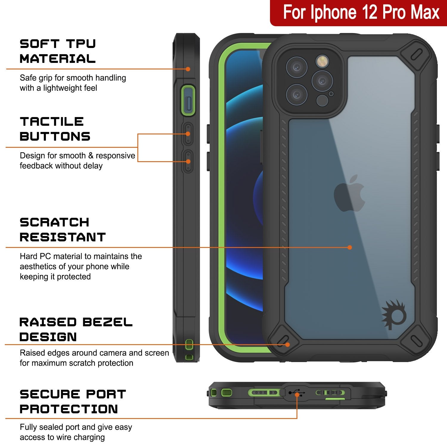iPhone 12 Pro Max Waterproof IP68 Case, Punkcase [Green]  [Maximus Series] [Slim Fit] [IP68 Certified] [Shockresistant] Clear Armor Cover with Screen Protector | Ultimate Protection