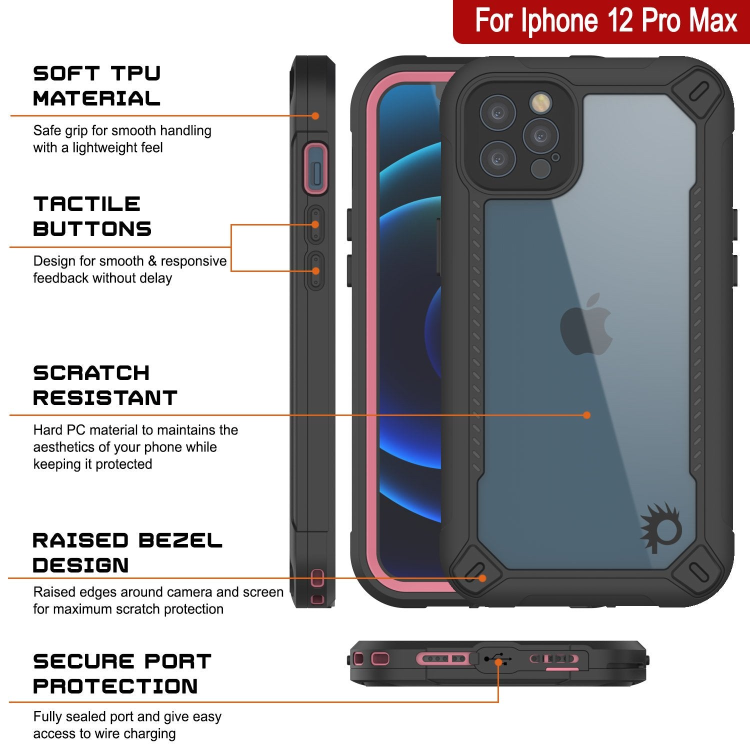 iPhone 12 Pro Max Waterproof IP68 Case, Punkcase [pink]  [Maximus Series] [Slim Fit] [IP68 Certified] [Shockresistant] Clear Armor Cover with Screen Protector | Ultimate Protection