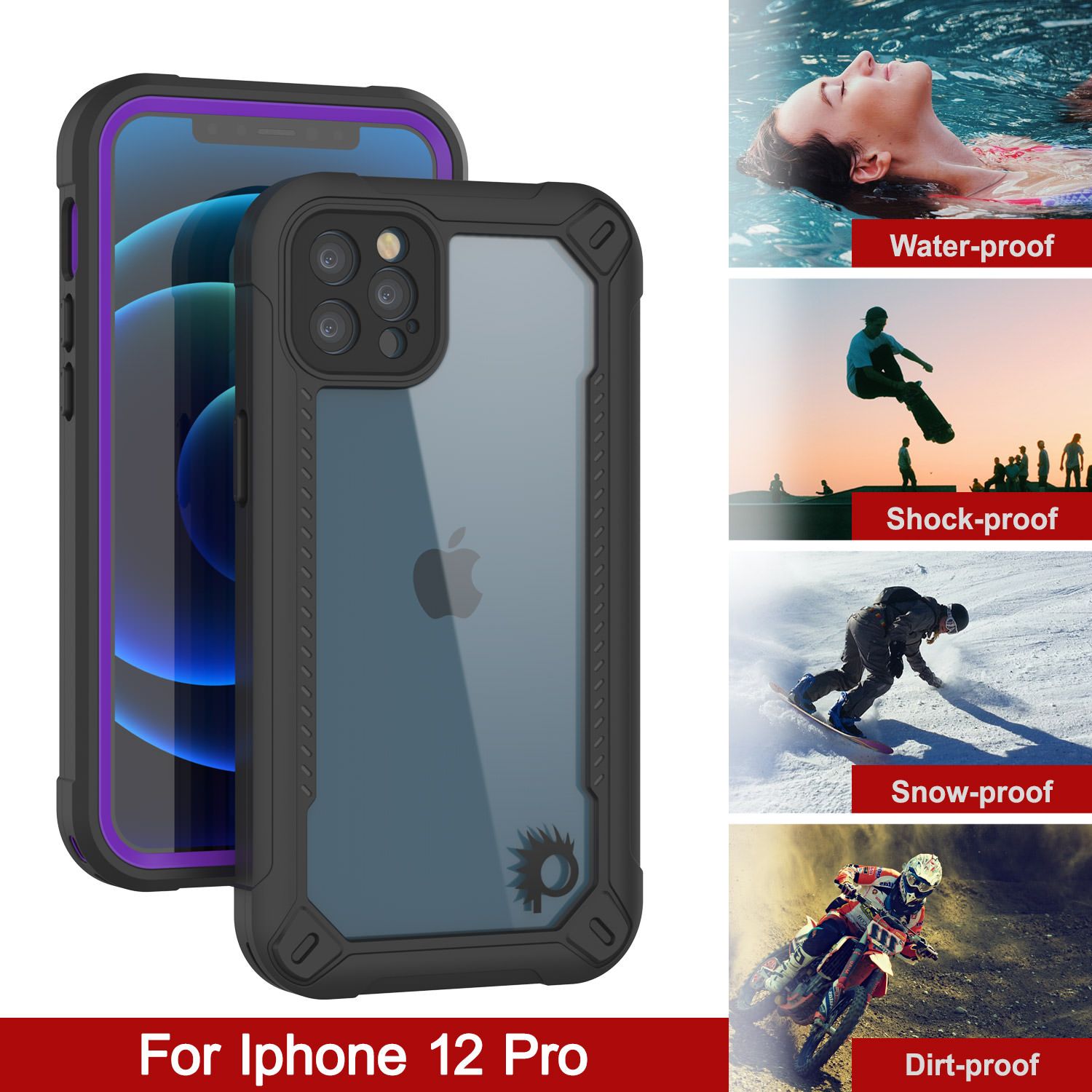 iPhone 12 Pro Waterproof IP68 Case, Punkcase [Purple]  [Maximus Series] [Slim Fit] [IP68 Certified] [Shockresistant] Clear Armor Cover with Screen Protector | Ultimate Protection