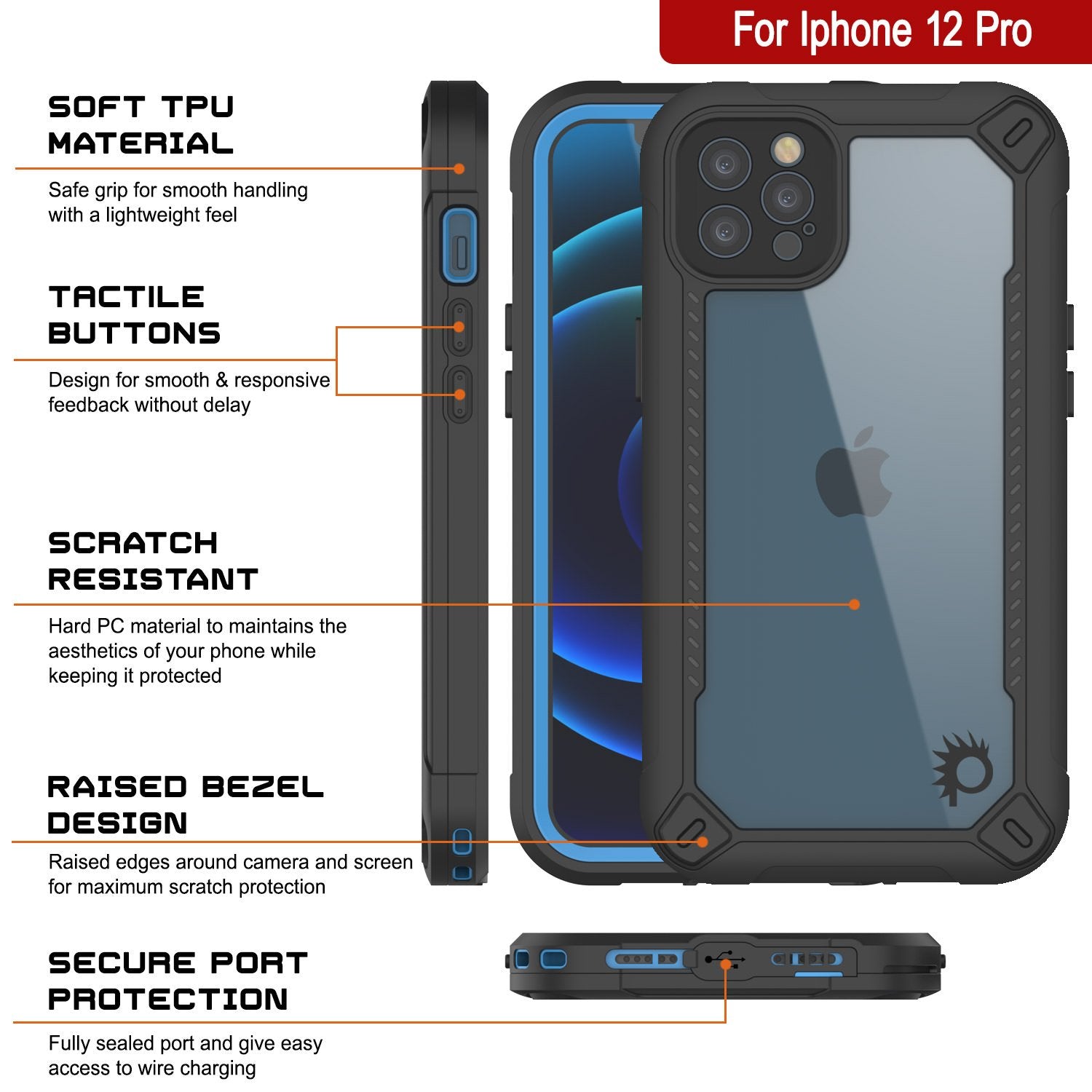 iPhone 12 Pro Waterproof IP68 Case, Punkcase [Blue]  [Maximus Series] [Slim Fit] [IP68 Certified] [Shockresistant] Clear Armor Cover with Screen Protector | Ultimate Protection