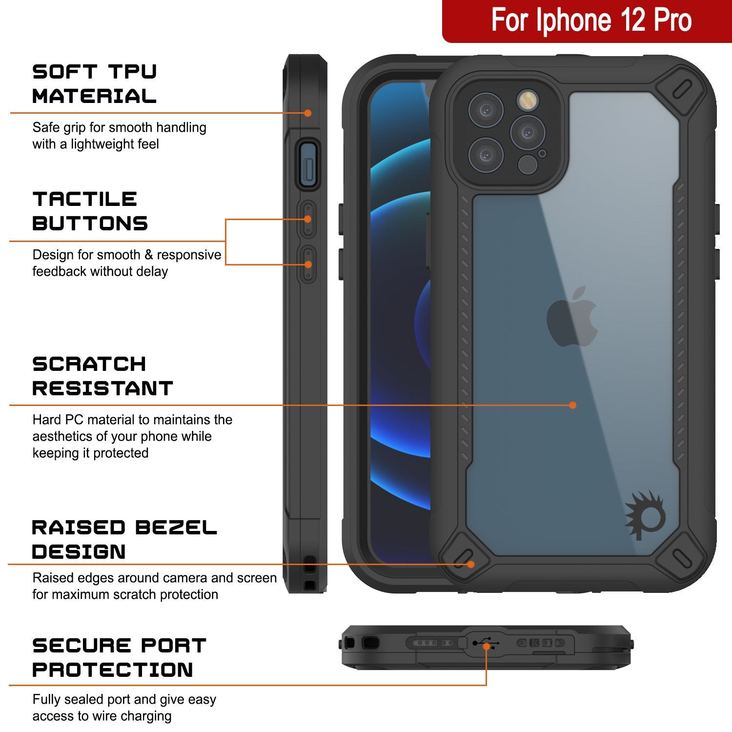 iPhone 12 Pro Waterproof IP68 Case, Punkcase [Black]  [Maximus Series] [Slim Fit] [IP68 Certified] [Shockresistant] Clear Armor Cover with Screen Protector | Ultimate Protection