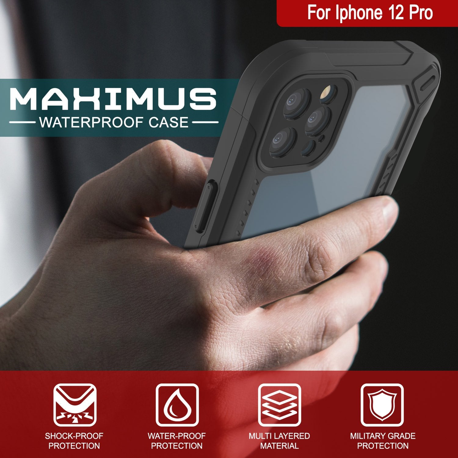 iPhone 12 Pro Waterproof IP68 Case, Punkcase [Black]  [Maximus Series] [Slim Fit] [IP68 Certified] [Shockresistant] Clear Armor Cover with Screen Protector | Ultimate Protection