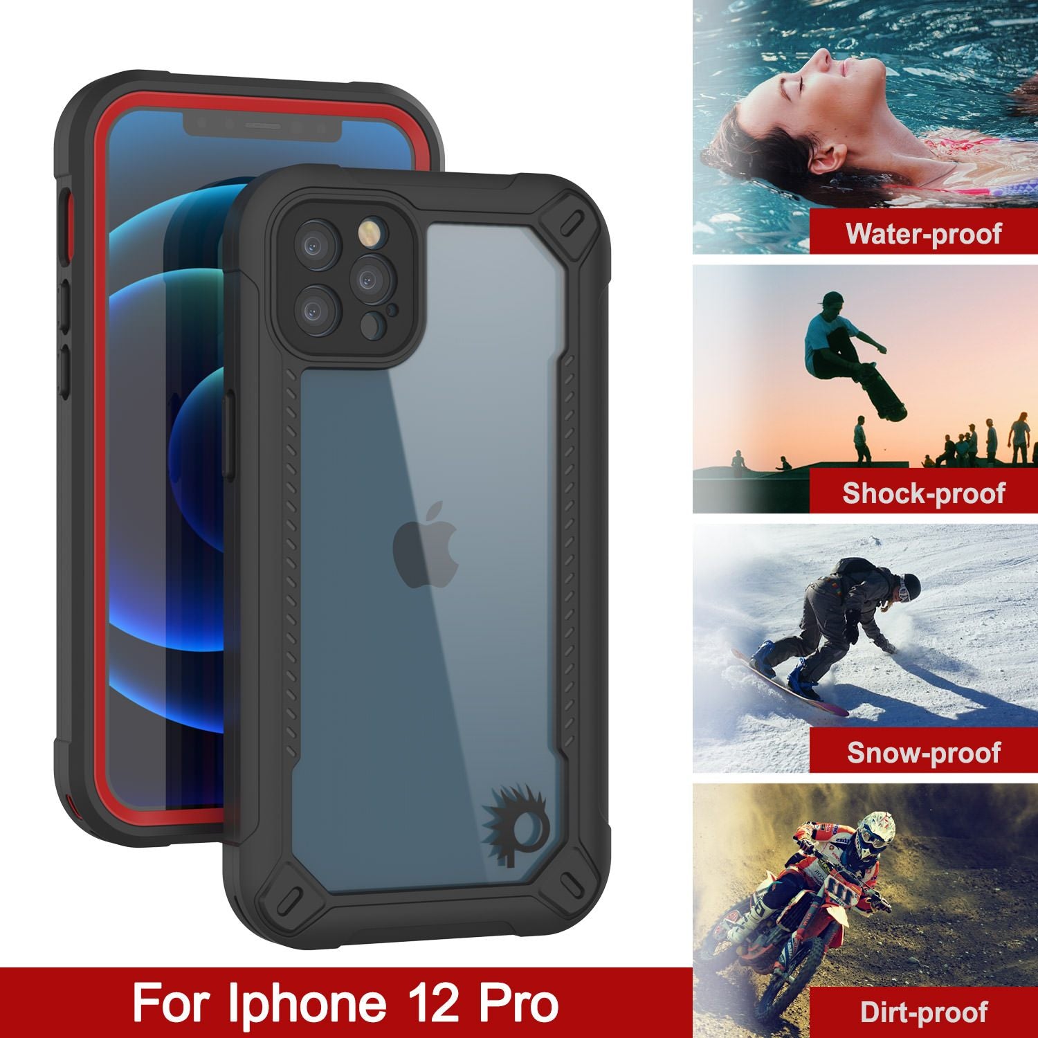 iPhone 12 Pro Waterproof IP68 Case, Punkcase [red]  [Maximus Series] [Slim Fit] [IP68 Certified] [Shockresistant] Clear Armor Cover with Screen Protector | Ultimate Protection