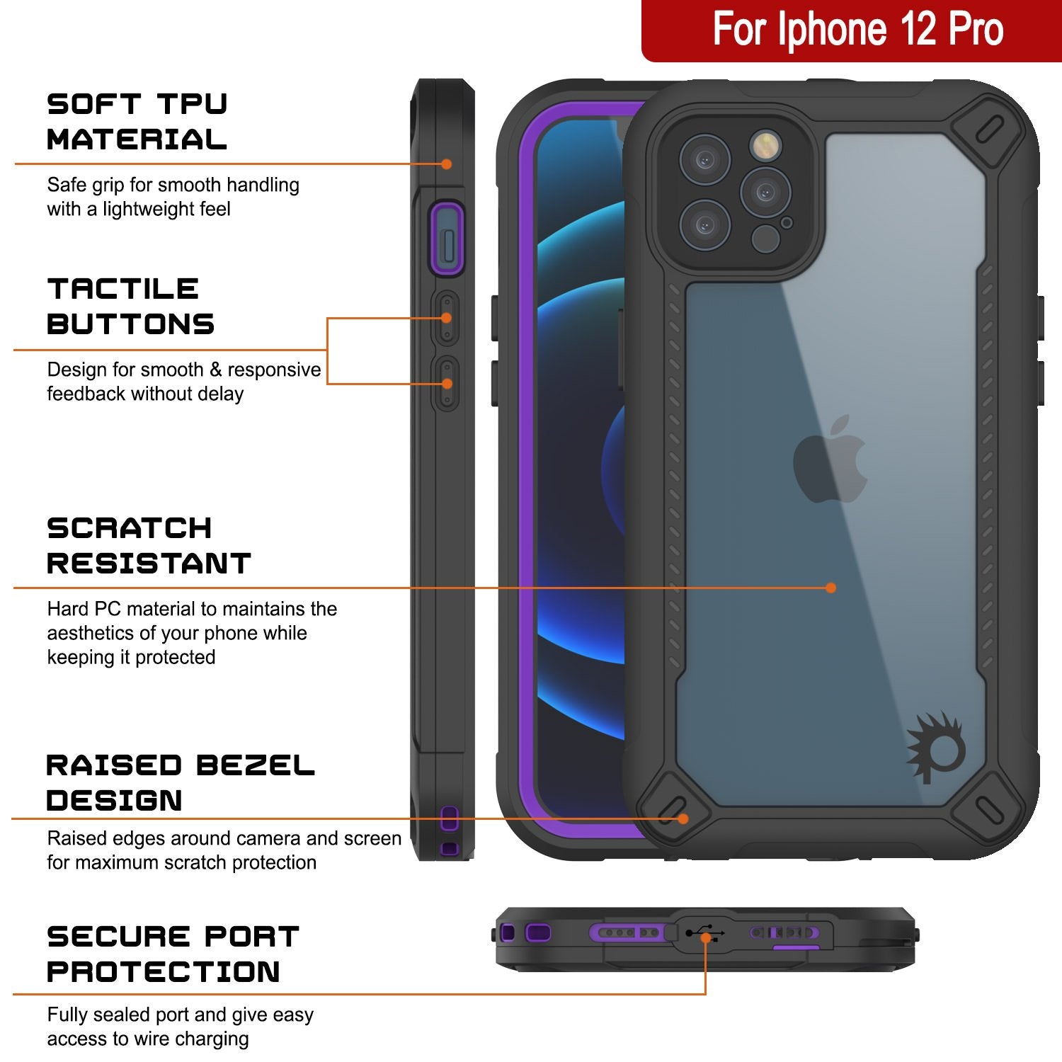 iPhone 12 Pro Waterproof IP68 Case, Punkcase [Purple]  [Maximus Series] [Slim Fit] [IP68 Certified] [Shockresistant] Clear Armor Cover with Screen Protector | Ultimate Protection