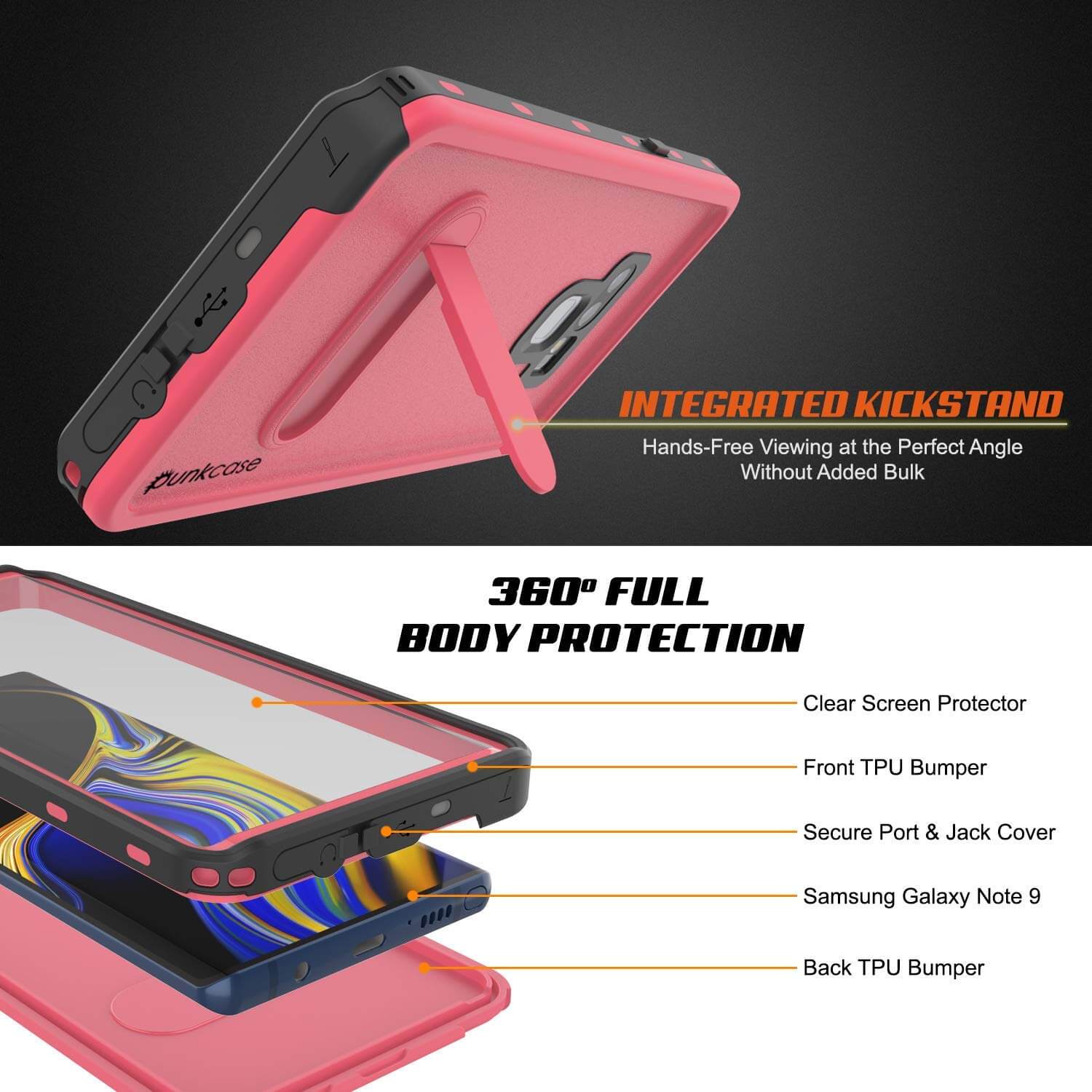 PunkCase Galaxy Note 9 Waterproof Case, [KickStud Series] Armor Cover [Pink]