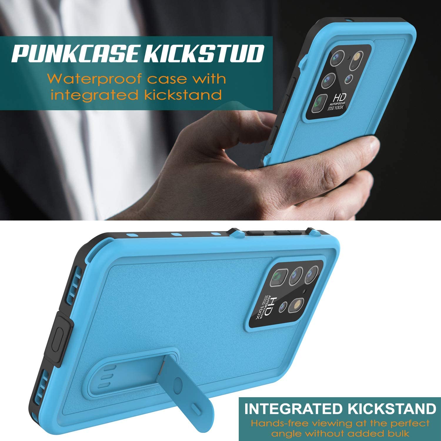 Galaxy S20 Ultra Waterproof Case, Punkcase [KickStud Series] Armor Cover [Light Blue]