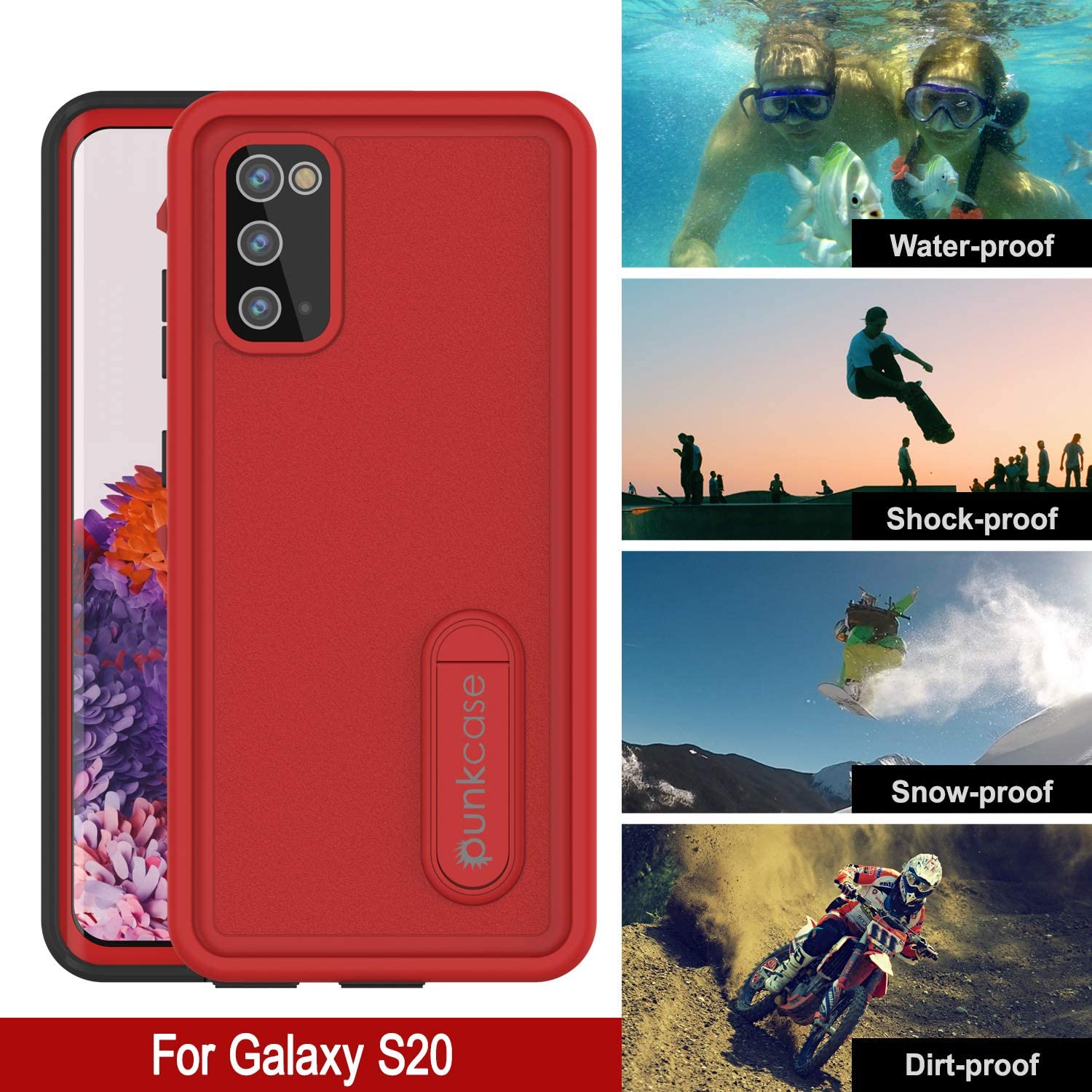 Galaxy S20 Waterproof Case, Punkcase [KickStud Series] Armor Cover [Red]