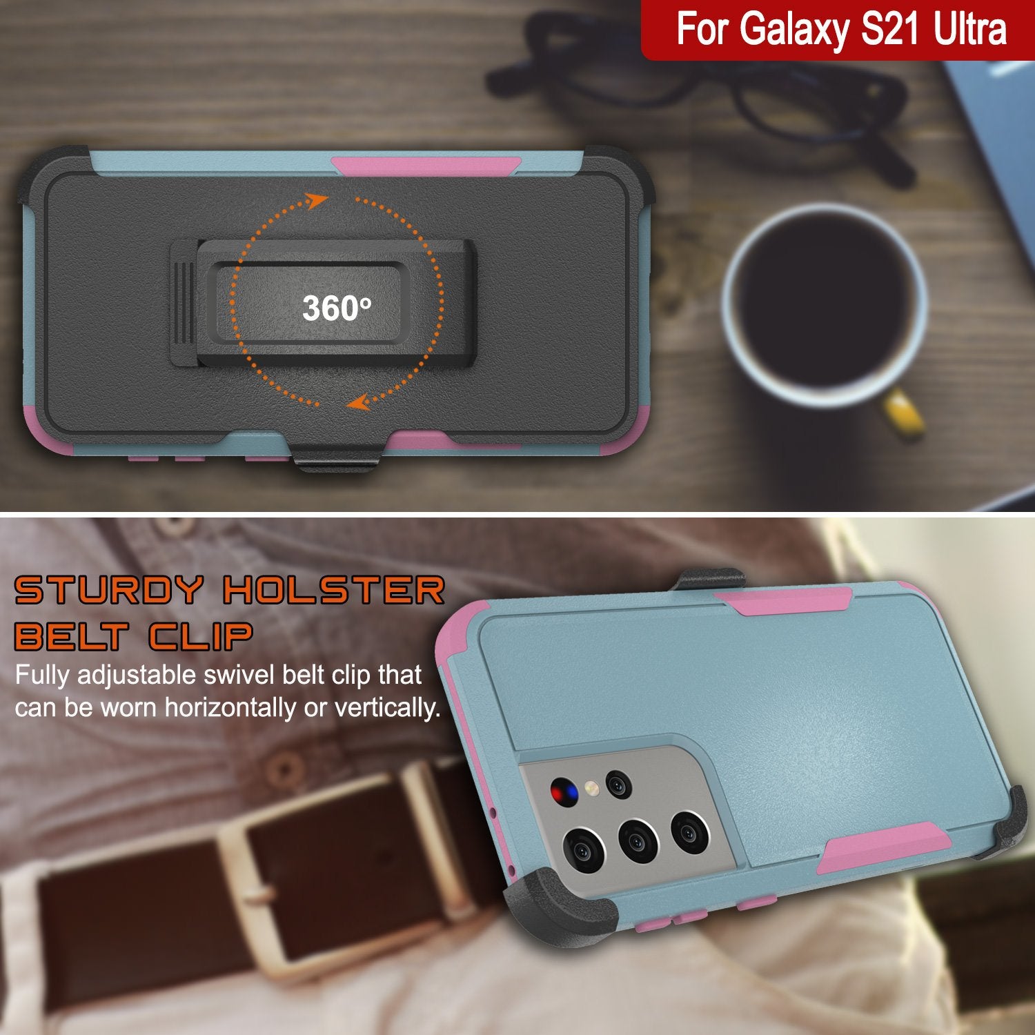 Punkcase for Galaxy S21 Ultra 5G Belt Clip Multilayer Holster Case [Patron Series] [Mint-Pink]