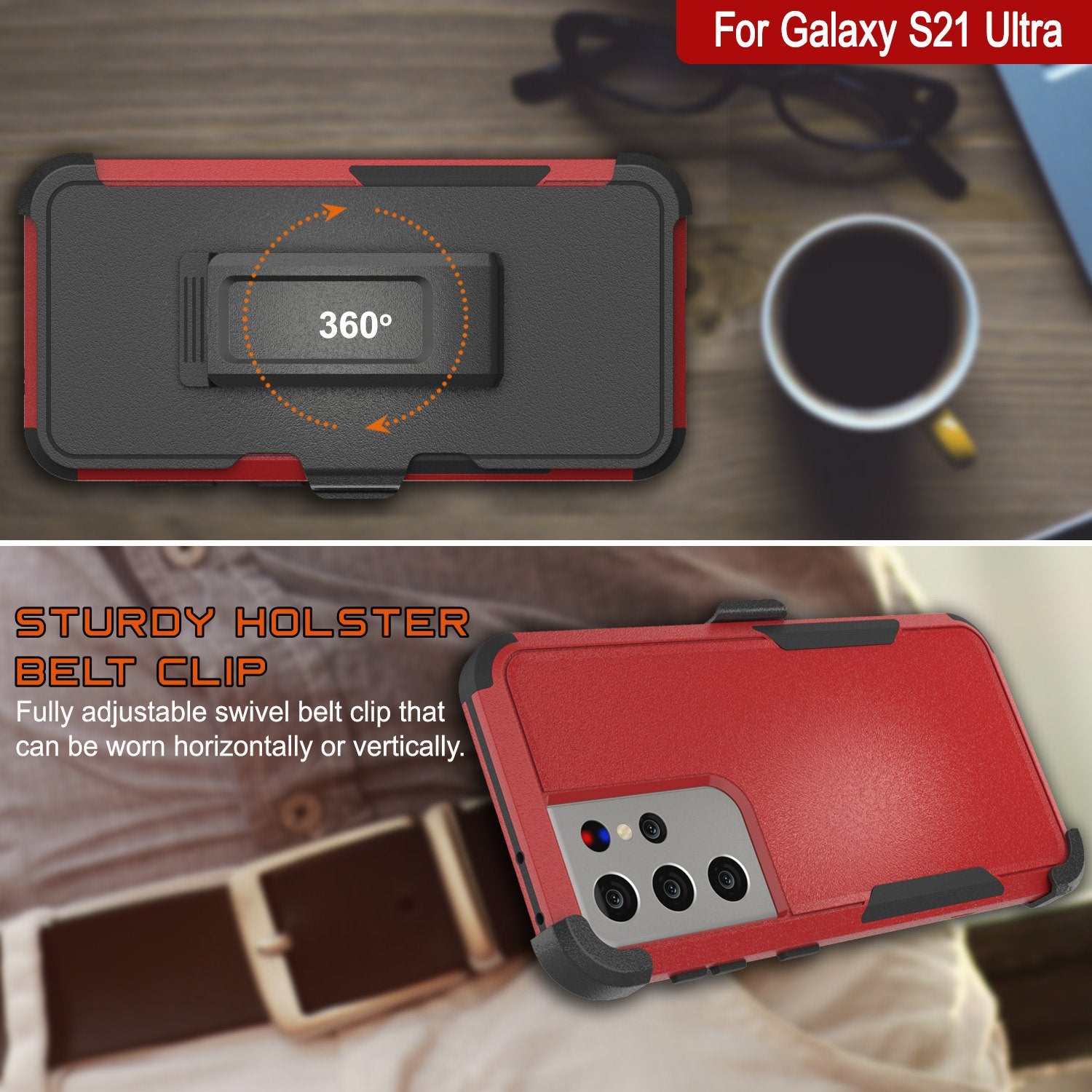Punkcase for Galaxy S21 Ultra 5G Belt Clip Multilayer Holster Case [Patron Series] [Red-Black]