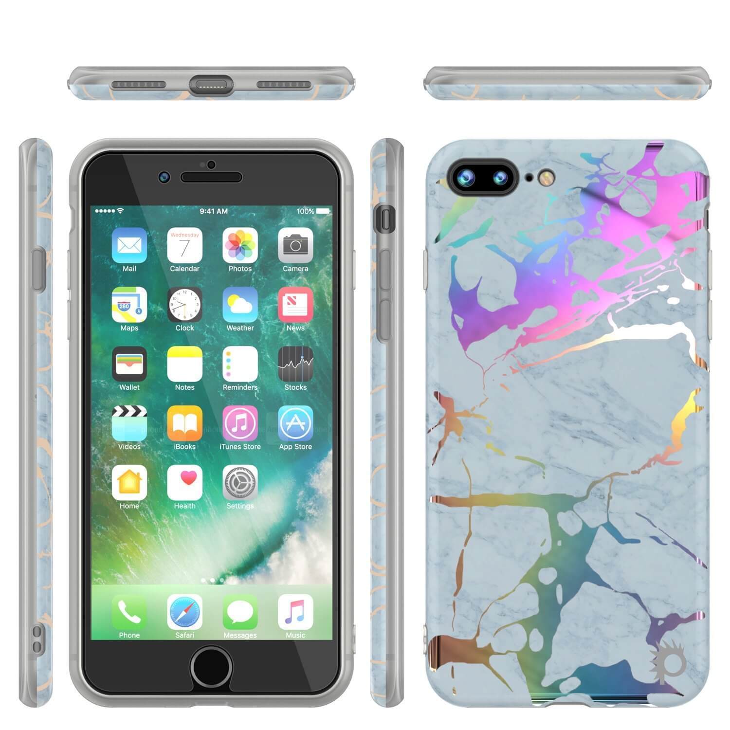 Punkcase iPhone 8+ / 7+ Plus Marble Case, Protective Full Body Cover W/9H Tempered Glass Screen Protector (Blue Marmo)