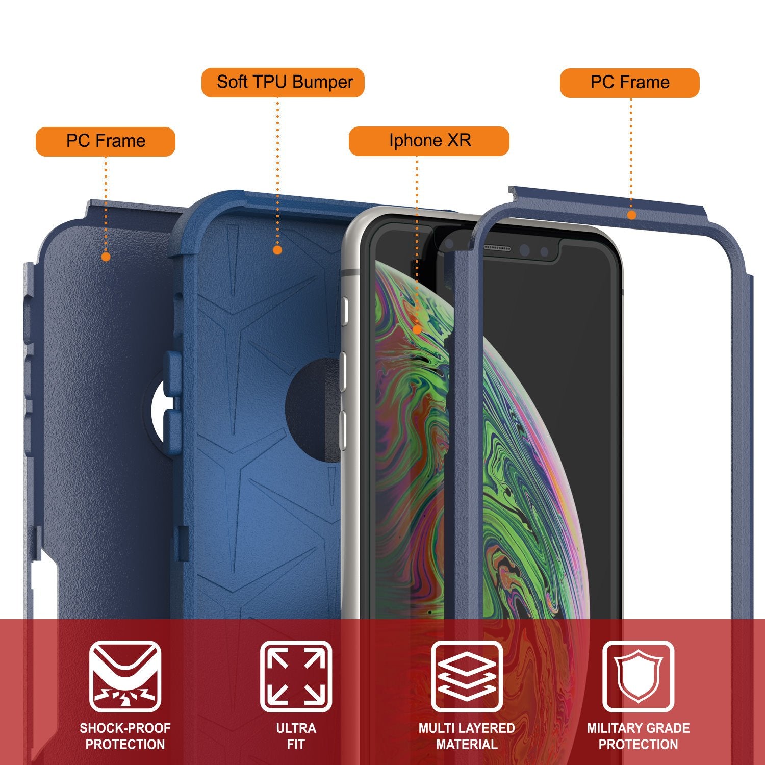 Punkcase for iPhone XR Belt Clip Multilayer Holster Case [Patron Series] [Navy]