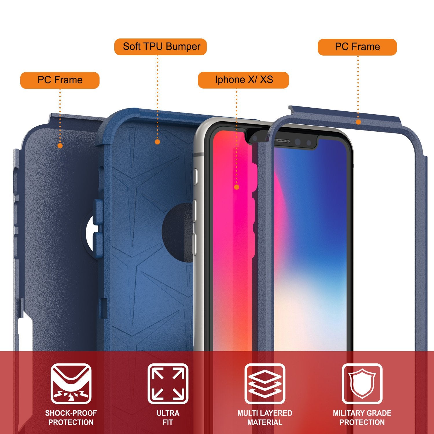 Punkcase for iPhone X Belt Clip Multilayer Holster Case [Patron Series] [Navy]