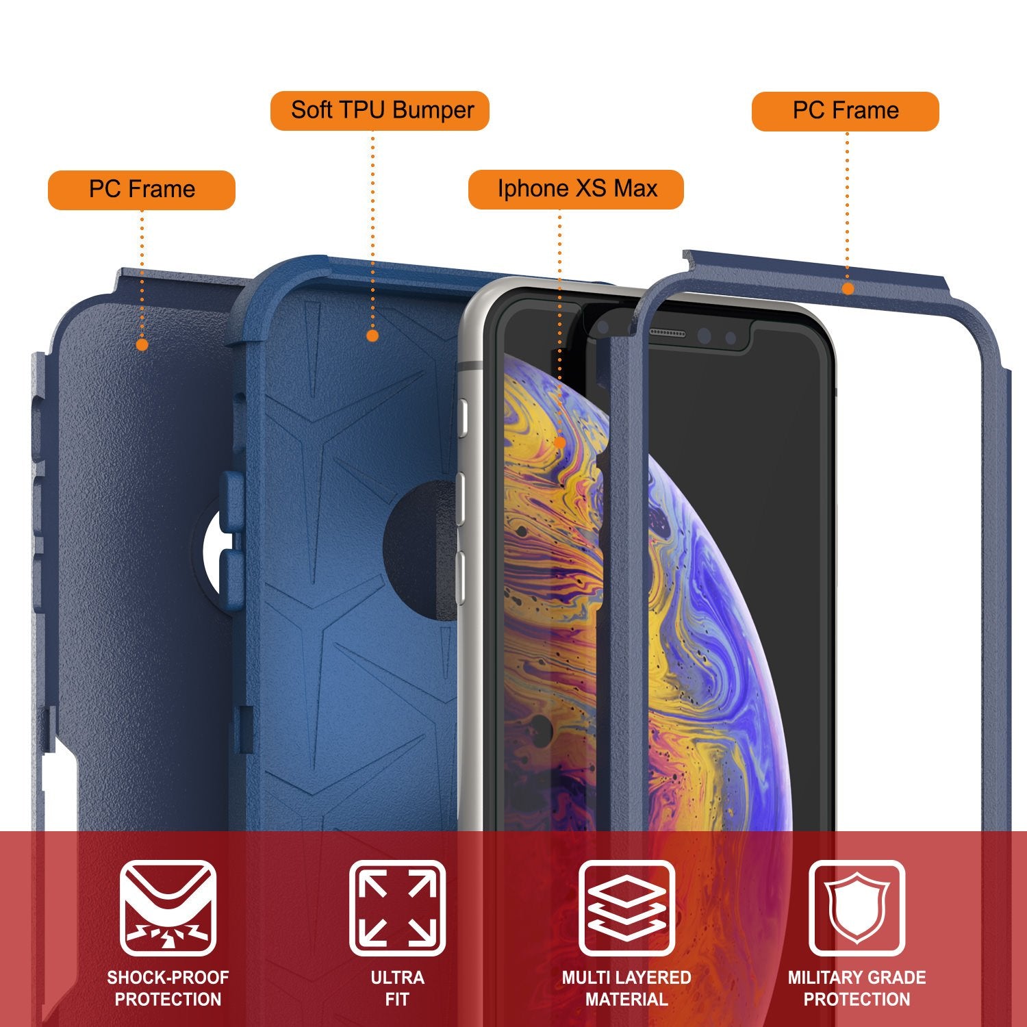 Punkcase for iPhone XS Max Belt Clip Multilayer Holster Case [Patron Series] [Navy]