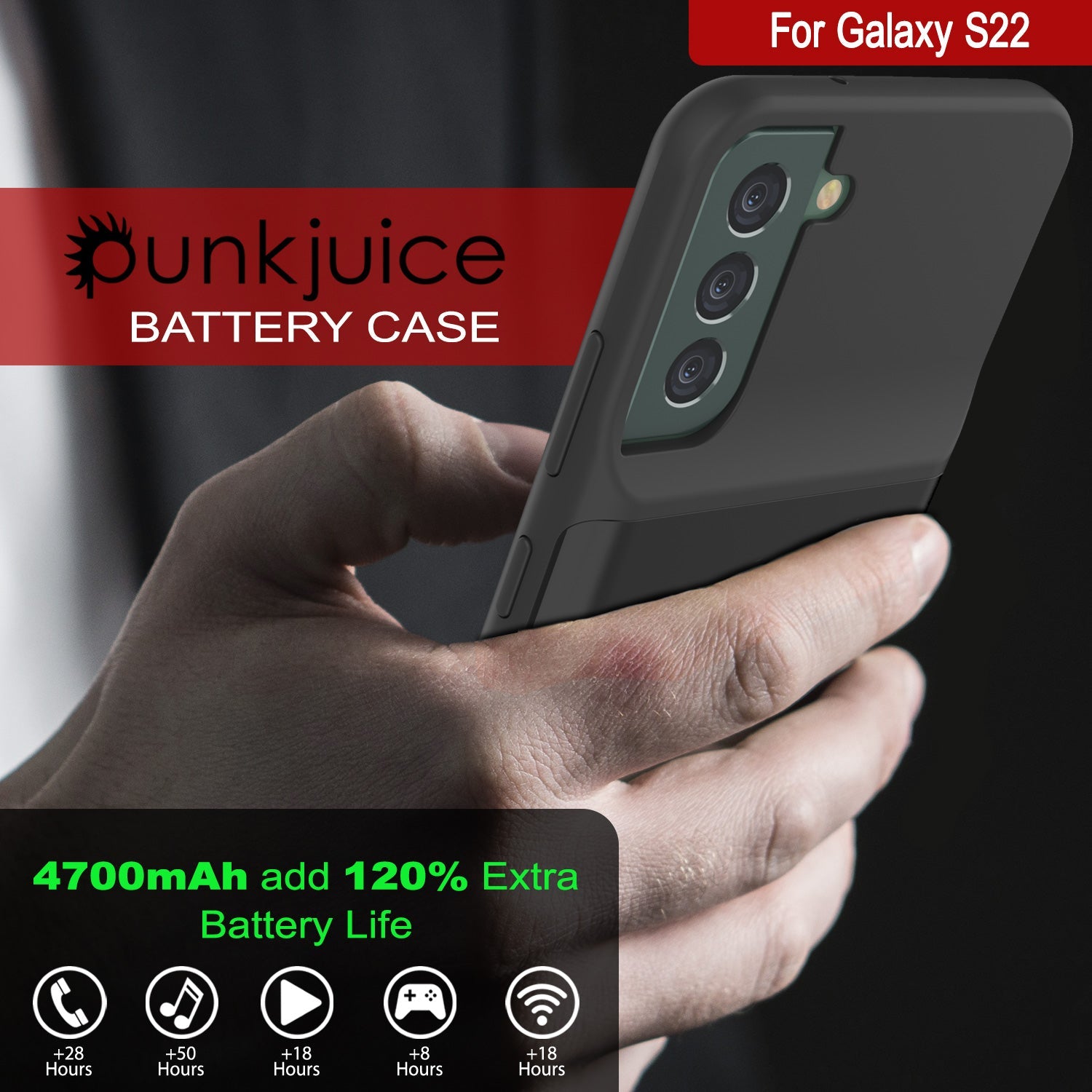 PunkJuice S22 Battery Case Black - Portable Charging Power Juice Bank with 4700mAh