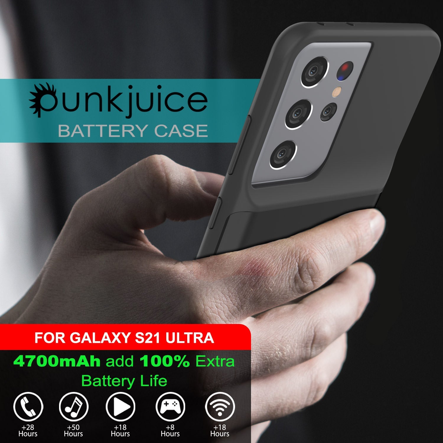 PunkJuice S21 Ultra Battery Case Black - Portable Charging Power Juice Bank with 4700mAh