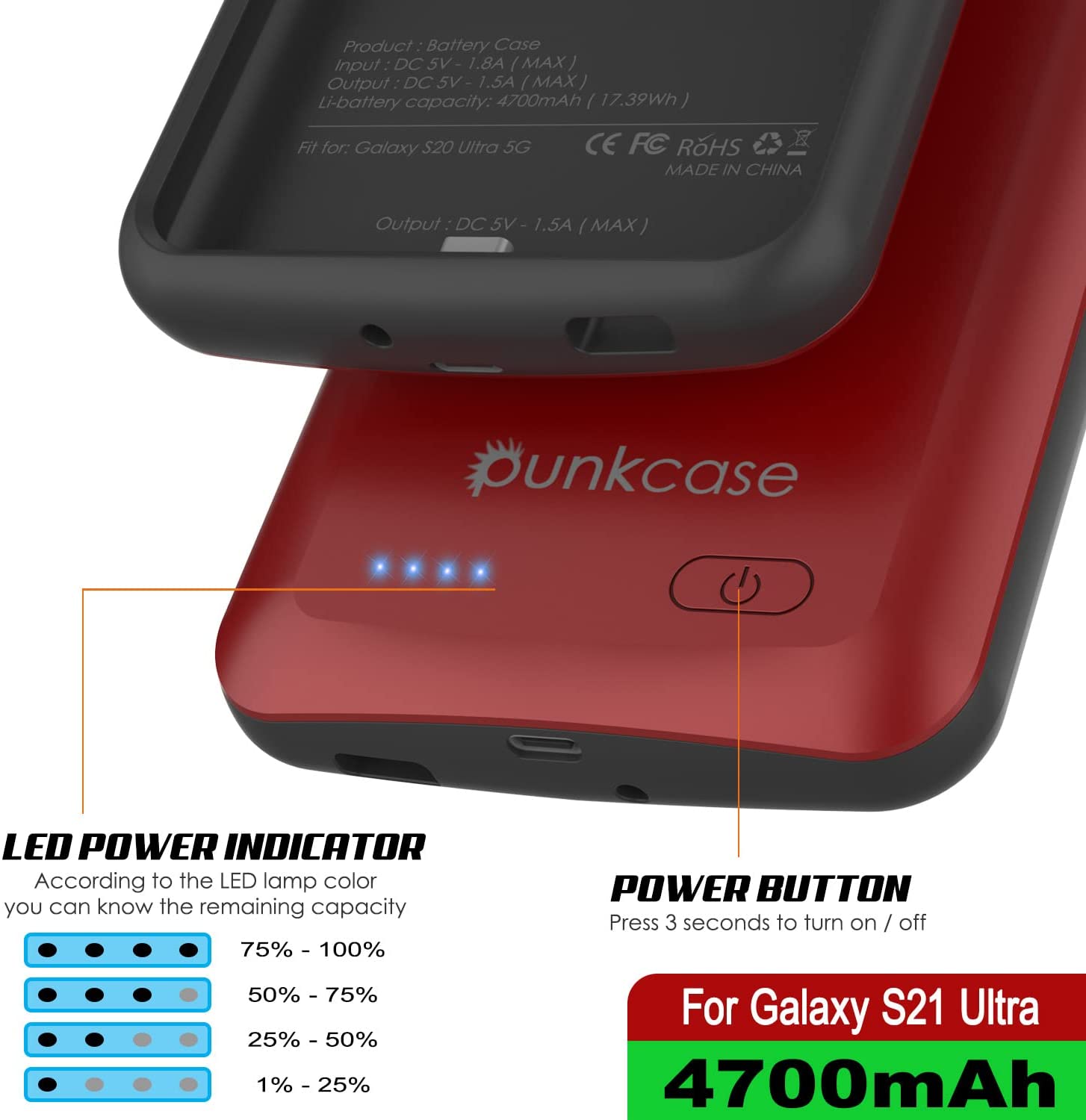 PunkJuice S21 Ultra Battery Case Red - Portable Charging Power Juice Bank with 4700mAh