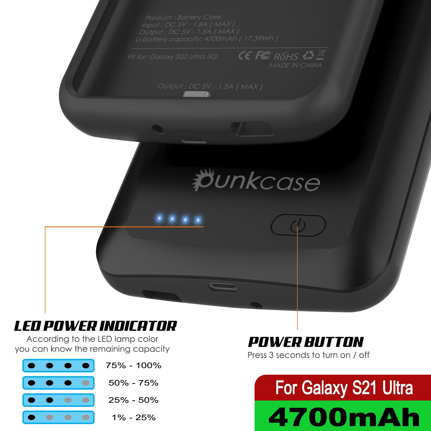 PunkJuice S21 Ultra Battery Case Black - Portable Charging Power Juice Bank with 4700mAh