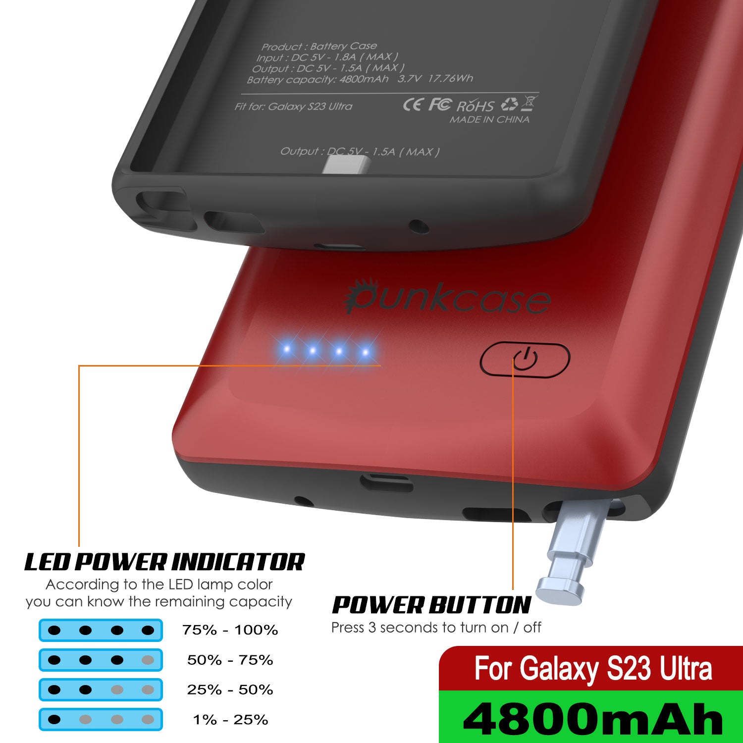 PunkJuice S23 Ultra Battery Case Red - Portable Charging Power Juice Bank with 4800mAh