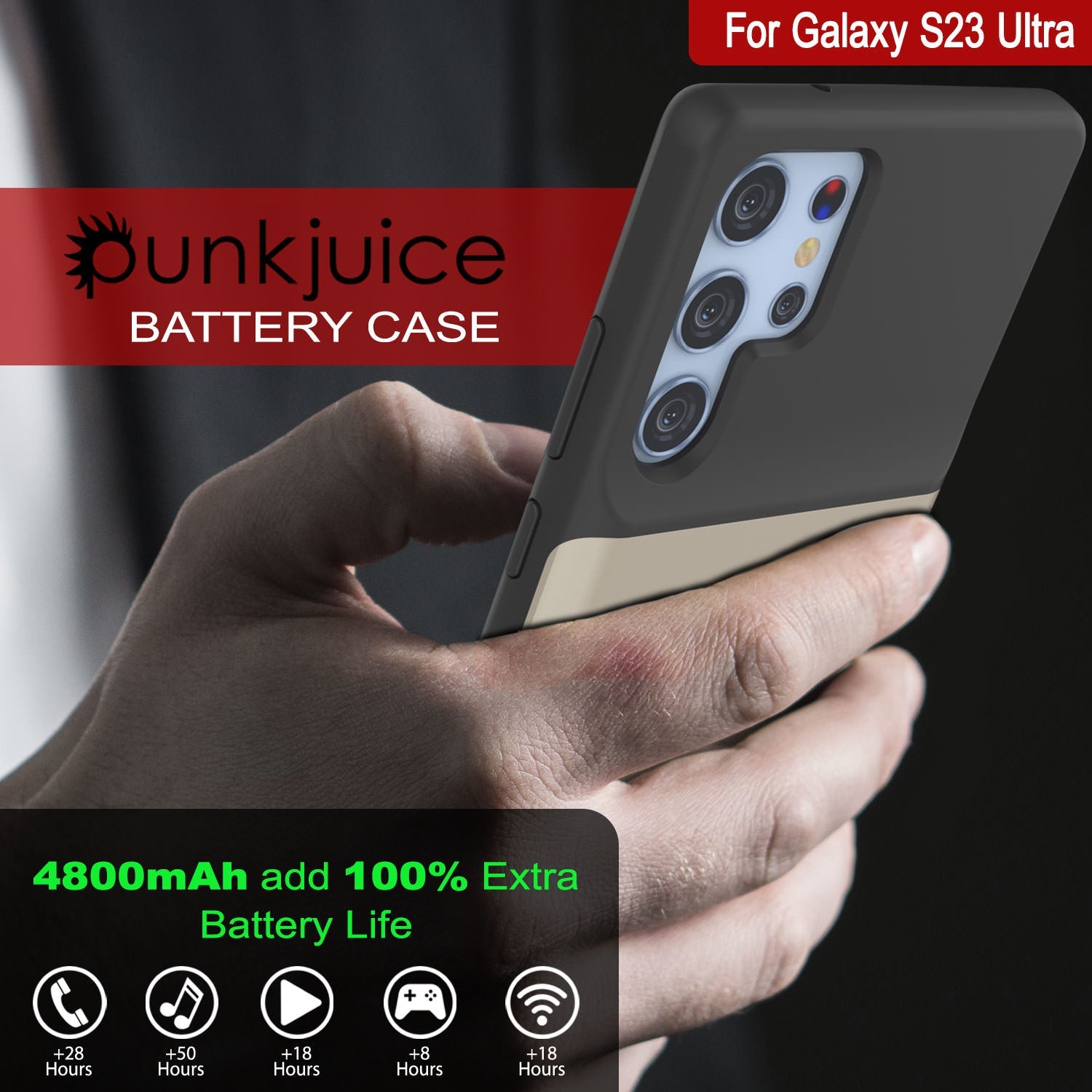 PunkJuice S23 Ultra Battery Case Silver - Portable Charging Power Juice Bank with 4800mAh