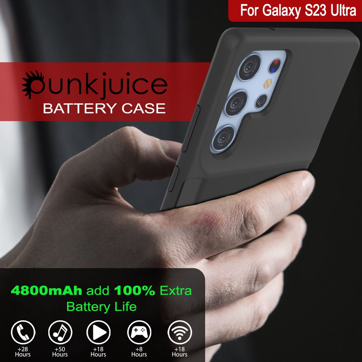 PunkJuice S23 Ultra Battery Case Black - Portable Charging Power Juice Bank with 4800mAh