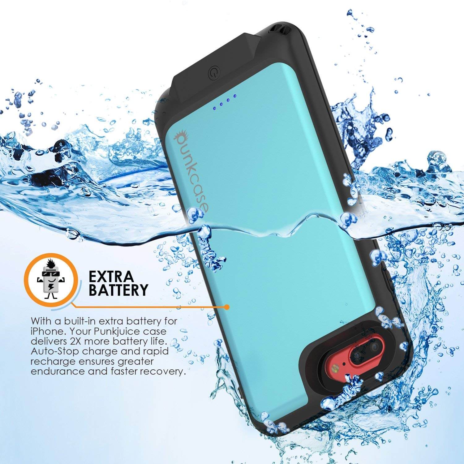 PunkJuice iPhone 6+ Plus/6s+ Plus Battery Case Teal - Waterproof Power Juice Bank w/ 4300mAh