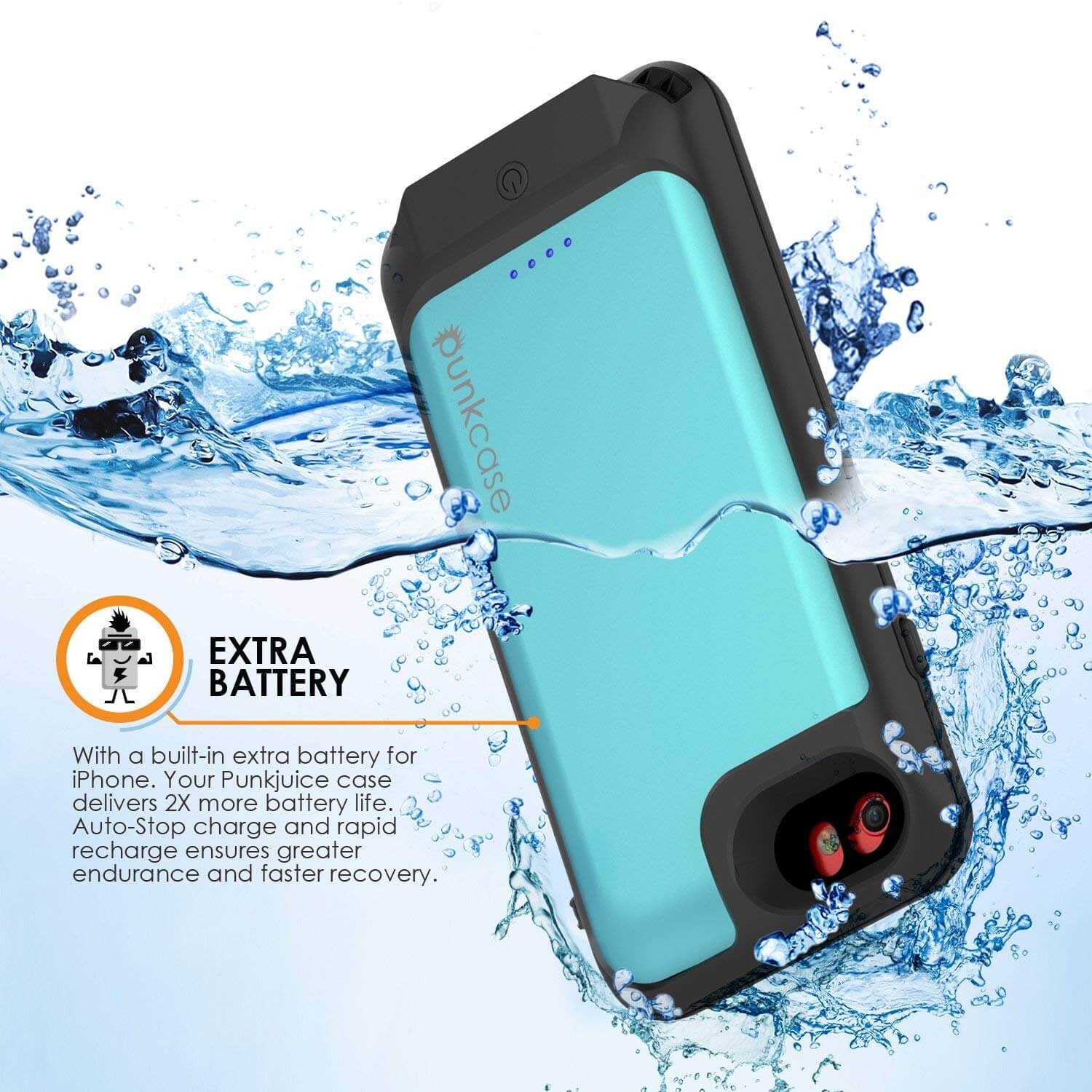 PunkJuice iPhone 8/7 Battery Case Teal - Waterproof Slim Power Juice Bank with 2750mAh