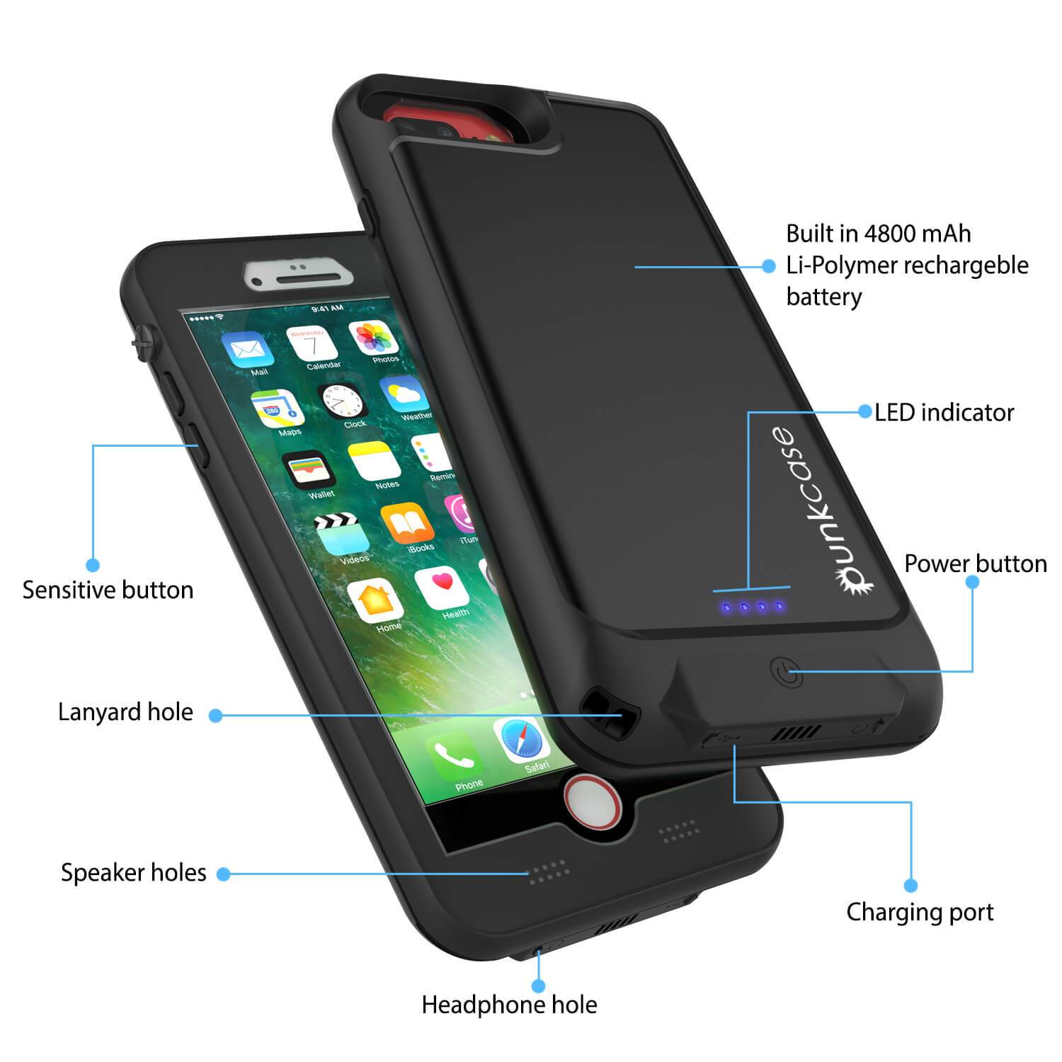 PunkJuice iPhone 8+/7+Plus  Plus Battery Case Black - Waterproof Slim Power Juice Bank with 4300mAh