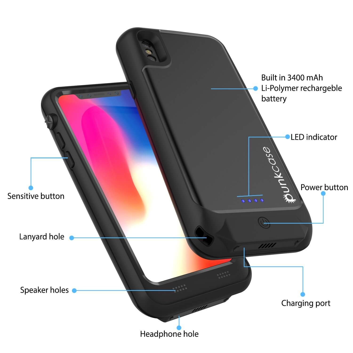 PunkJuice iPhone X Battery Case, Waterproof, IP68 Certified [Ultra Slim] [Black]