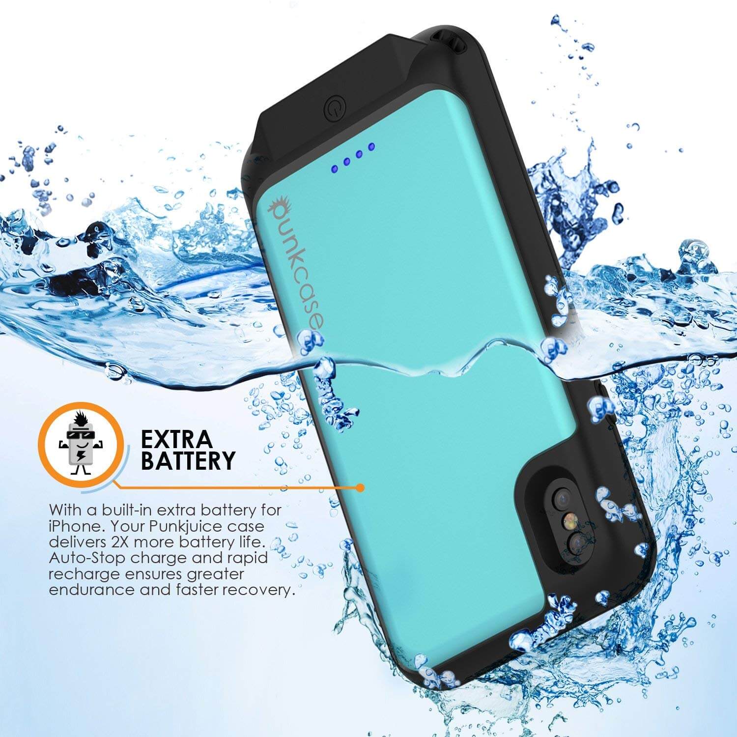 PunkJuice iPhone X Battery Case, Waterproof, IP68 Certified [Ultra Slim] [Teal]