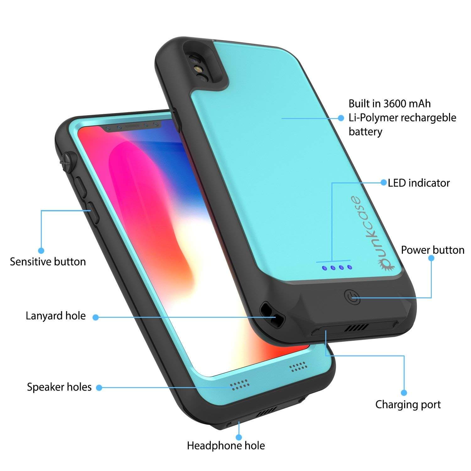 PunkJuice iPhone X Battery Case, Waterproof, IP68 Certified [Ultra Slim] [Teal]