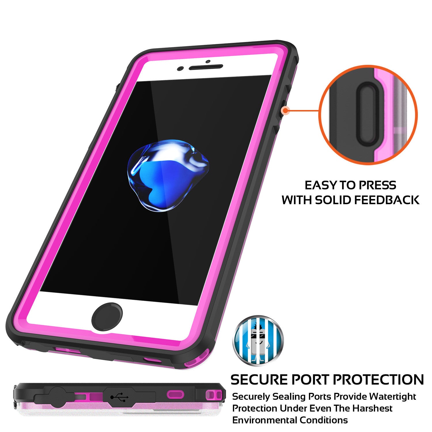 iPhone 7+ Plus Waterproof Case, PUNKcase CRYSTAL Pink W/ Attached Screen Protector | Warranty