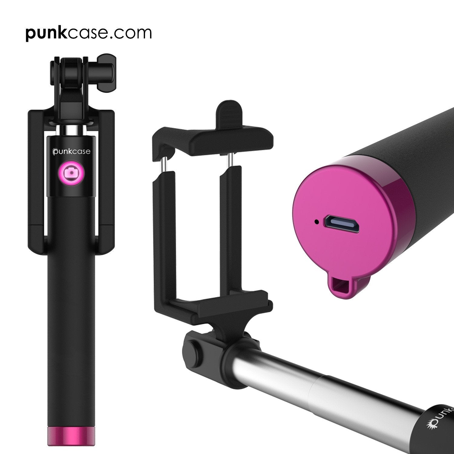 Selfie Stick Pink, Extendable Monopod with Built-In Bluetooth Remote Shutter